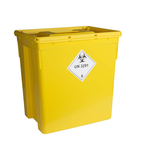 30 liters gul beholder for smittefarlig avfall. Levert an Namdal Ressurs. Foto.