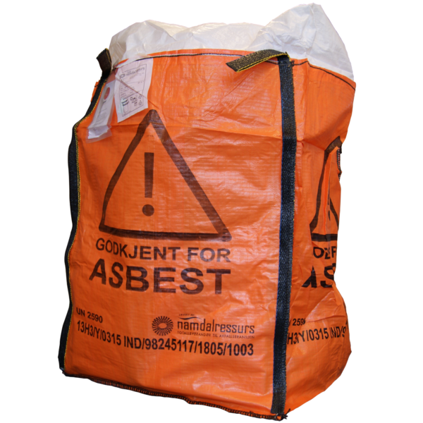 Standard asbestsekk levert av Namdal Ressurs. Foto.